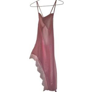 NEW PINK SLIP DRESS SATIN BACKLESS ASYMMETRICAL LACE SIDE TRIMMING MIDI LENGTH